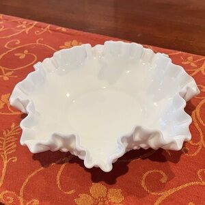 Vintage Fenton hobnail milk glass fluted dish or bowl, white